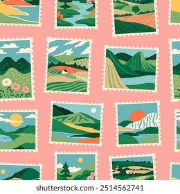 Retro nature landscape post card stamp seamless pattern. Vintage style natural environment scenery postage sticker background, travel destination mail, beautiful tourism scenery wallpaper print. 