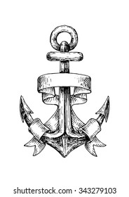 Retro nautical anchor with heavy ring on the top, decorated by wavy ribbon, for marine heraldry or emblem design Sketch