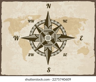 Retro nautical compass. Hand drawn wind rose on map background. Old vector design element for marine theme and heraldry. Vintage rose of wind for sea marine navigation