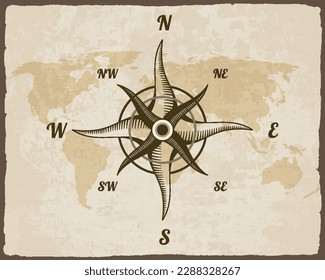 Retro nautical compass. Hand drawn wind rose on map background. Old vector design element for marine theme and heraldry. Vintage rose of wind for sea marine navigation