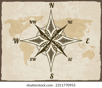 Retro nautical compass. Hand drawn wind rose on map background. Old vector design element for marine theme and heraldry. Vintage rose of wind for sea marine navigation