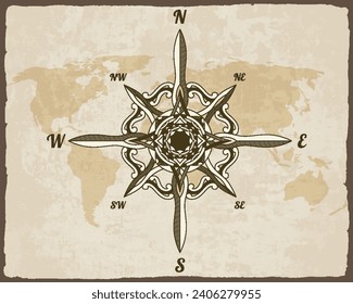 Retro nautical compass. Hand drawn wind rose on map background. Old vector design element for marine theme and heraldry. Vintage rose of wind for sea marine navigation