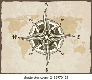 Retro nautical compass. Hand drawn wind rose on map background. Old vector design element for marine theme and heraldry. Vintage rose of wind for sea marine navigation