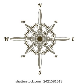 Retro nautical compass. Hand drawn wind rose. Old vector design element for marine theme and heraldry. Vintage rose of wind for sea marine navigation