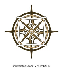 Retro nautical compass. Hand drawn wind rose. Old vector design element for marine theme and heraldry. Vintage rose of wind for sea marine navigation