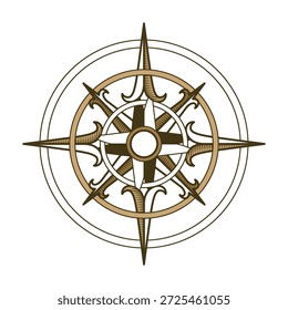 Brújula náutica retro. Dibujado a mano rosa de viento. Antiguo elemento de diseño de Vector para temática marina y heráldica. Antiguas Rose of Wind para la navegación marítima