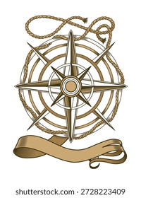 Brújula náutica retro. Dibujado a mano rosa de viento. Antiguo elemento de diseño de Vector para temática marina y heráldica. Antiguas Rose of Wind para la navegación marítima