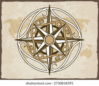 Brújula náutica retro. Dibujado a mano rosa de viento en el mapa de fondo. Antiguo elemento de diseño de Vector para temática marina y heráldica. Antiguas Rose of Wind para la navegación marítima