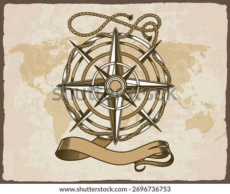 Retro nautical compass. Hand drawn wind rose on map background. Old vector design element for marine theme and heraldry. Vintage rose of wind for sea marine navigation
