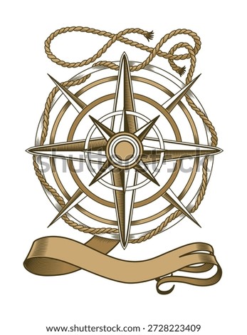 Retro nautical compass. Hand drawn wind rose. Old vector design element for marine theme and heraldry. Vintage rose of wind for sea marine navigation