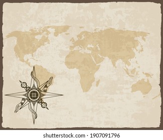 Retro Nautical Compass On Old Paper Texture World Map With Torn Border Frame. Hand Drawn Antique Nautical Old Vector Background. Wind Rose For Sea Marine Navigation. Design Template For Marine Theme