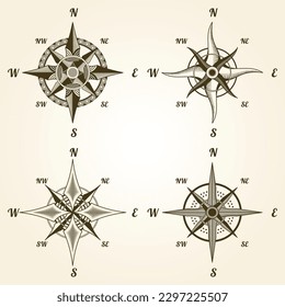 Retro nautical compass set. Hand drawn wind rose. Old vector design element for marine theme and heraldry. Vintage rose of wind for sea marine navigation