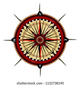 Retro nautical compass. Symbol of sea navigation.Front view. Flat vector.