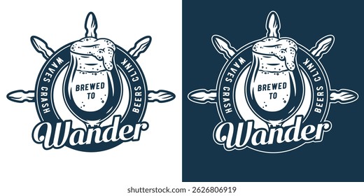 Retro nautical emblem featuring overflowing beer glass centered in weathered ship wheel. Beer, sea, ocean, brewing, brew, nautical, marine.