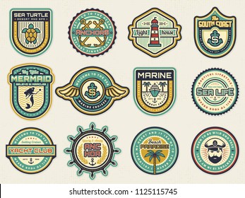 Retro nautical emblem set with anchors, steering wheel, lighthouse. Cruise, yachting, travel, sea life, beach resort themes. Vintage vector badges for patches, company logos, labels or posters design.