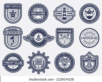 Retro nautical emblem set with anchors, steering wheel, lighthouse. Sea cruise, yachting, travel, beach resort themes. Vintage vector badges for patches, company logos, labels or posters design.