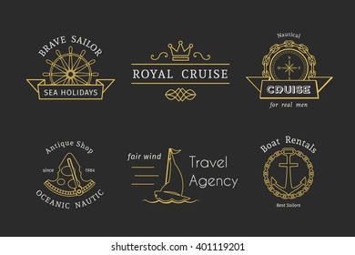 Retro nautical labels and icons. Vector templates for logo design of travel agencies, tourist offices, boat rental or cruise.