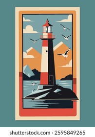 Retro Nautical Landscape – Lighthouse and Ocean Waves