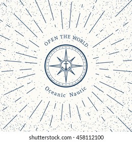 Retro nautical lineart label with compass. Vector template for logo design of travel agencies, tourist offices, boat rental or cruise.