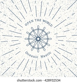 Retro nautical lineart label. Vector template for logo design of travel agencies, tourist offices, boat rental or cruise.