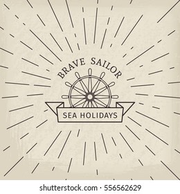 Retro nautical lineart label. Vector template for logo design of travel agencies, tourist offices, boat rental or cruise.