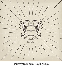 Retro nautical lineart label. Vector template for logo design of travel agencies, tourist offices, boat rental or cruise.