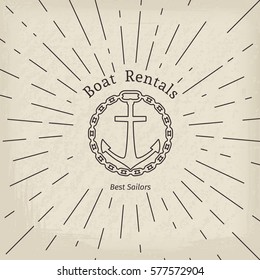 Retro nautical lineart label. Vector template for logo design of travel agencies, tourist offices, boat rental or cruise.