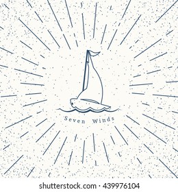 Retro nautical lineart label with yacht. Vector template for logo design of travel agencies, tourist offices, boat rental or cruise.