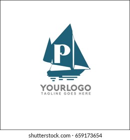 Retro nautical logo with marine sail boat. Vector illustration for label, t-shirt print, vintage badges and logo design. Letter P