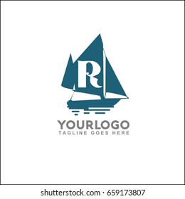 Retro nautical logo with marine sail boat. Vector illustration for label, t-shirt print, vintage badges and logo design. Letter R