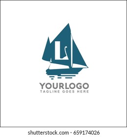 Retro nautical logo with marine sail boat. Vector illustration for label, t-shirt print, vintage badges and logo design. Letter L