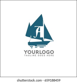 Retro nautical logo with marine sail boat. Vector illustration for label, t-shirt print, vintage badges and logo design. Letter A