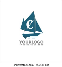 Retro nautical logo with marine sail boat. Vector illustration for label, t-shirt print, vintage badges and logo design. Letter C