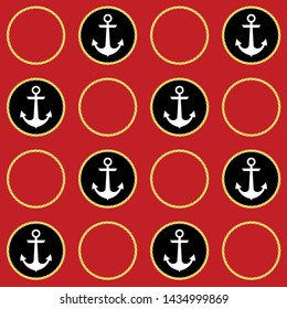 Retro nautical seamless pattern with anchors in circular rope frames on red background.EPS10 Illustration 