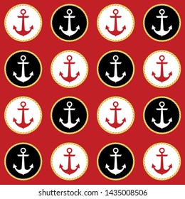 Retro nautical seamless pattern with anchors in circular rope frames on red background.EPS10 Illustration