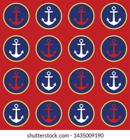 Retro nautical seamless pattern with anchors in circular rope frames on red background.EPS10 Illustration