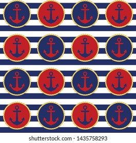 Retro nautical seamless pattern with anchors in circular rope frames on striped background.EPS10 Illustration