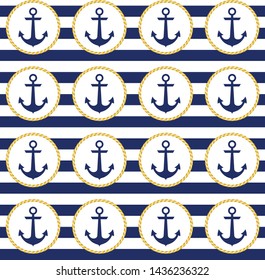 Retro nautical seamless pattern with anchors in circular rope frames on striped background.EPS10 Illustration