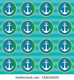 Retro nautical seamless pattern with anchors in circular rope frames on striped background.EPS10 Illustration