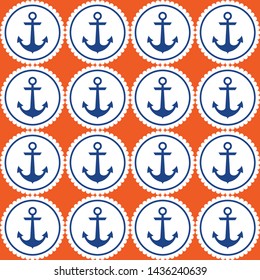 Retro nautical seamless pattern with anchors in circular frames on orange background.EPS10 Illustration