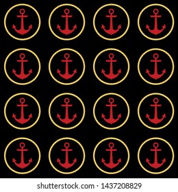 Retro nautical seamless pattern with anchors in rope circular frames on black background.EPS10 Illustration