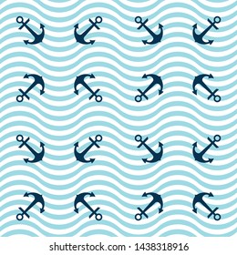 Retro nautical seamless pattern with anchors in striped wavy background.EPS10 Illustration 