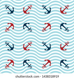 Retro nautical seamless pattern with anchors in striped wavy background.EPS10 Illustration 
