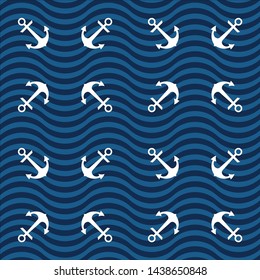 Retro nautical seamless pattern with anchors in striped wavy background.EPS10 Illustration
