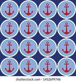 Retro nautical seamless pattern with anchors in circular frames on navy background.EPS10 Illustration