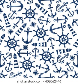 Retro nautical seamless pattern with blue ship anchors and helms, lighthouses and vintage compass roses on white background. May be use for marine theme or scrapbook page design