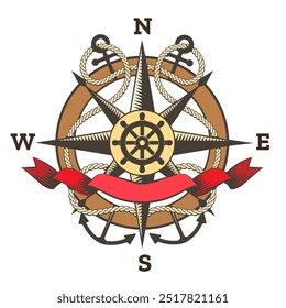 Retro nautical wind rose. Hand drawn colored navigation symbol with red ribbon and marine ropes isolated vector illustration
