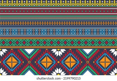 Tribu retro Navajo diseño sin fisuras en varios colores. Imprimir el arte geométrico azteca Fancy. Papel tapiz, Diseño de tela, tela, papel, cubierta, tejido, tejido y envuelto son todos términos que se pueden usar