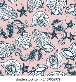 Retro navy and pink vector seahorse, starfish and seashell seamless pattern background. Great for web, fabric and paper.