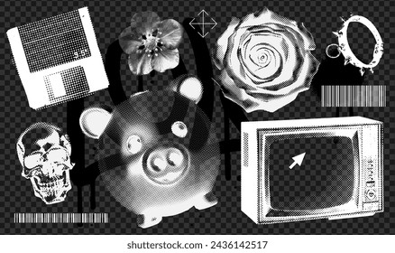 Retro negative halftone elements set for grunge mixed media design. Piggy bank, skull, rose head, TV in retro photocopy effect texture, dotted pop art style. Vector illustration of vintage art